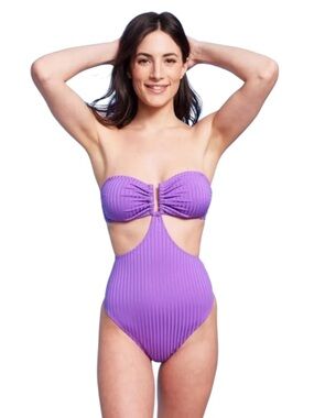 🌻NEW Shade & Shore Purple Ribbed Bandeau Cut Out One Piece Swimsuit Monokini M